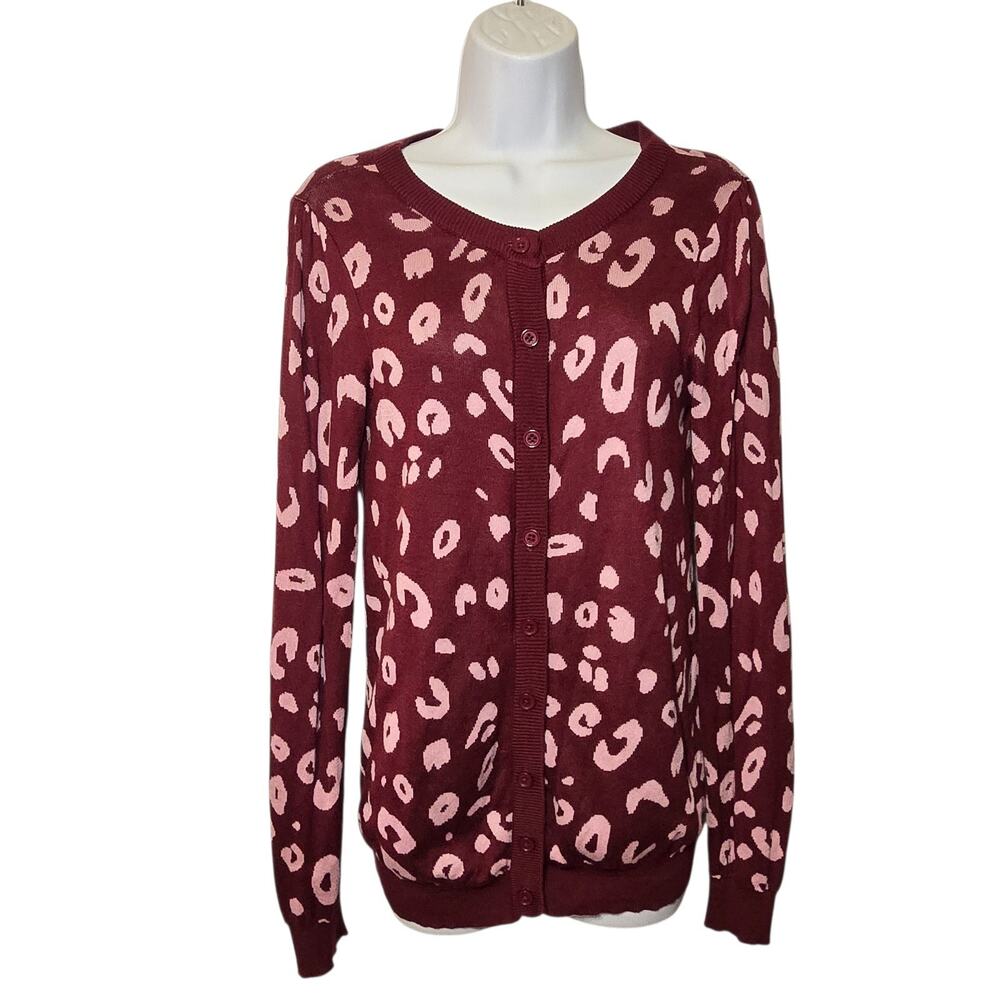 ModCloth Burgundy Leopard Print Button Front Cardigan Sweater Women’s Small